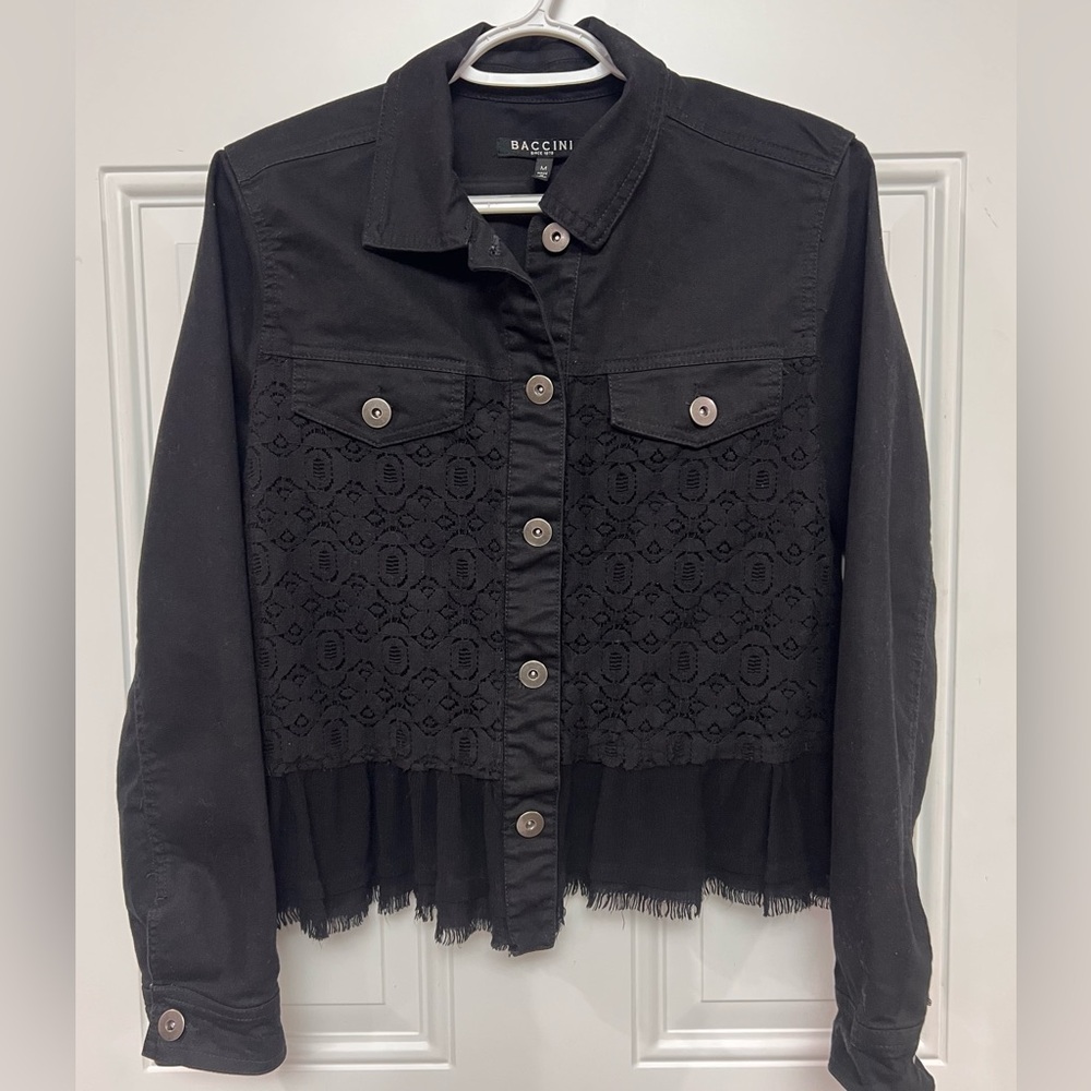 Baccini Black Lace Denim Jacket Women’s Size M Button Front Cropped Ruffle Hem